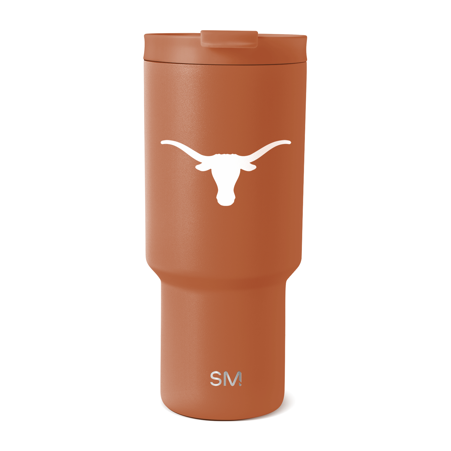 Terracotta orange matte tumbler with tapered lower section and white accents