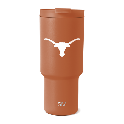 Terracotta orange matte tumbler with tapered lower section and white accents