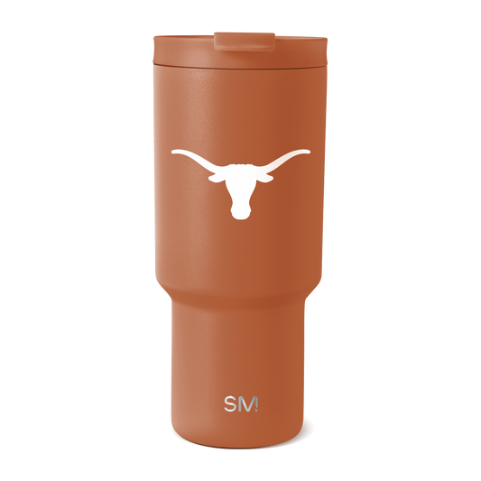 Terracotta orange matte tumbler with tapered lower section and white accents