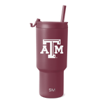 Burgundy wine-colored tumbler with white text and logos on clean background