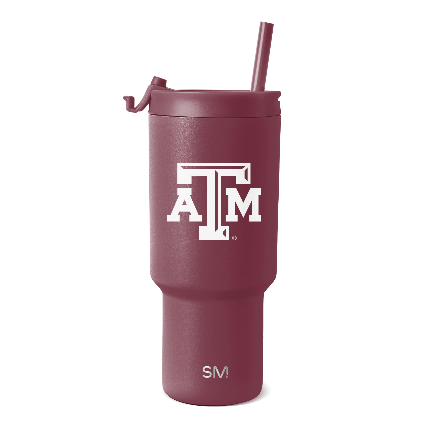 Burgundy wine-colored tumbler with white text and logos on clean background