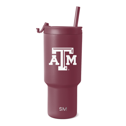 Burgundy wine-colored tumbler with white text and logos on clean background