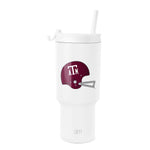 White ceramic mug with deep burgundy maroon handle and rim accent