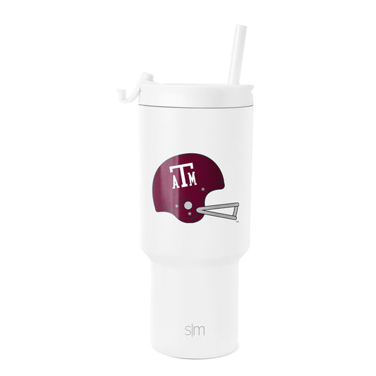White ceramic mug with deep burgundy maroon handle and rim accent