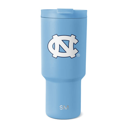Sky blue matte tumbler with white logo accents and subtle gradient variations