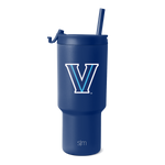 Deep navy blue insulated tumbler with periwinkle striped logo design, white lid and handle