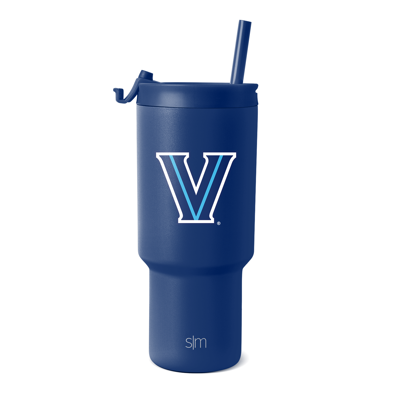 Deep navy blue insulated tumbler with periwinkle striped logo design, white lid and handle