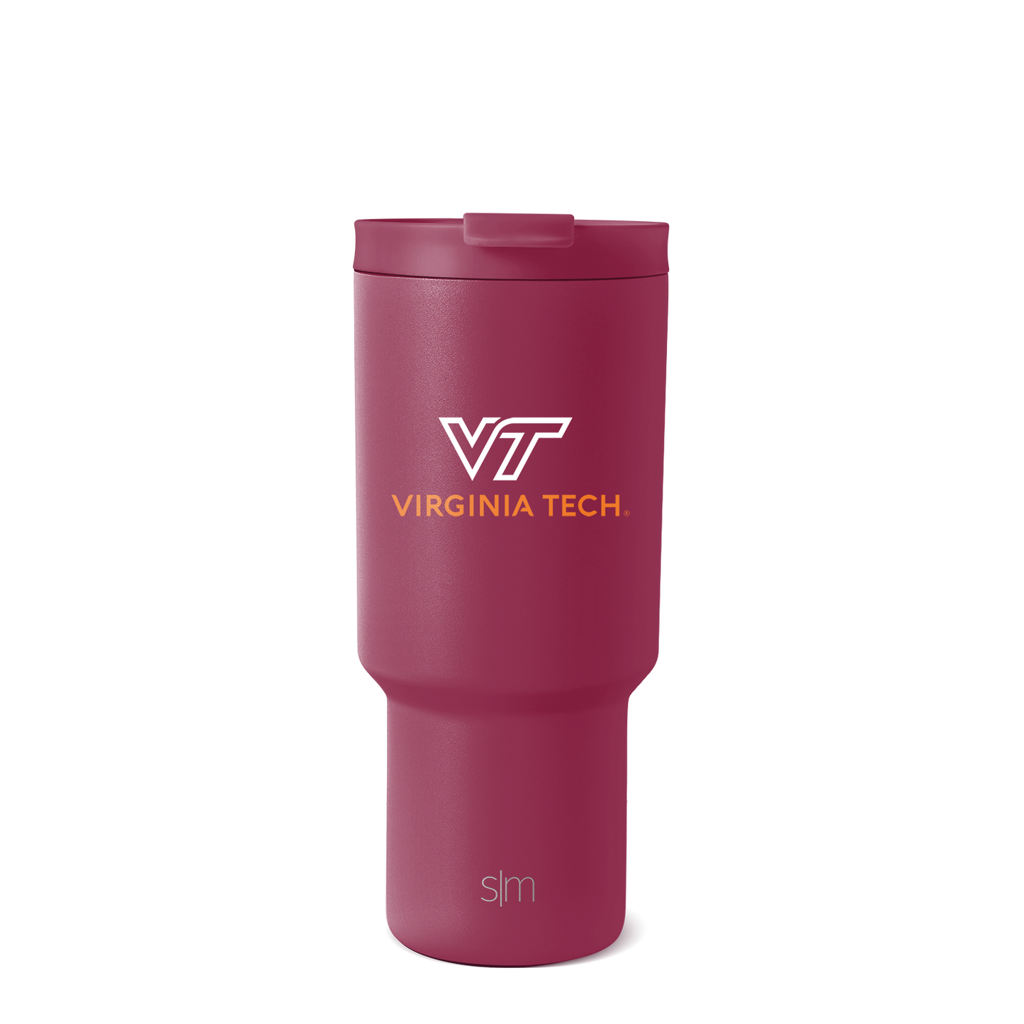 Burgundy wine-red insulated tumbler with darker burgundy cap and white and gold-orange accent details