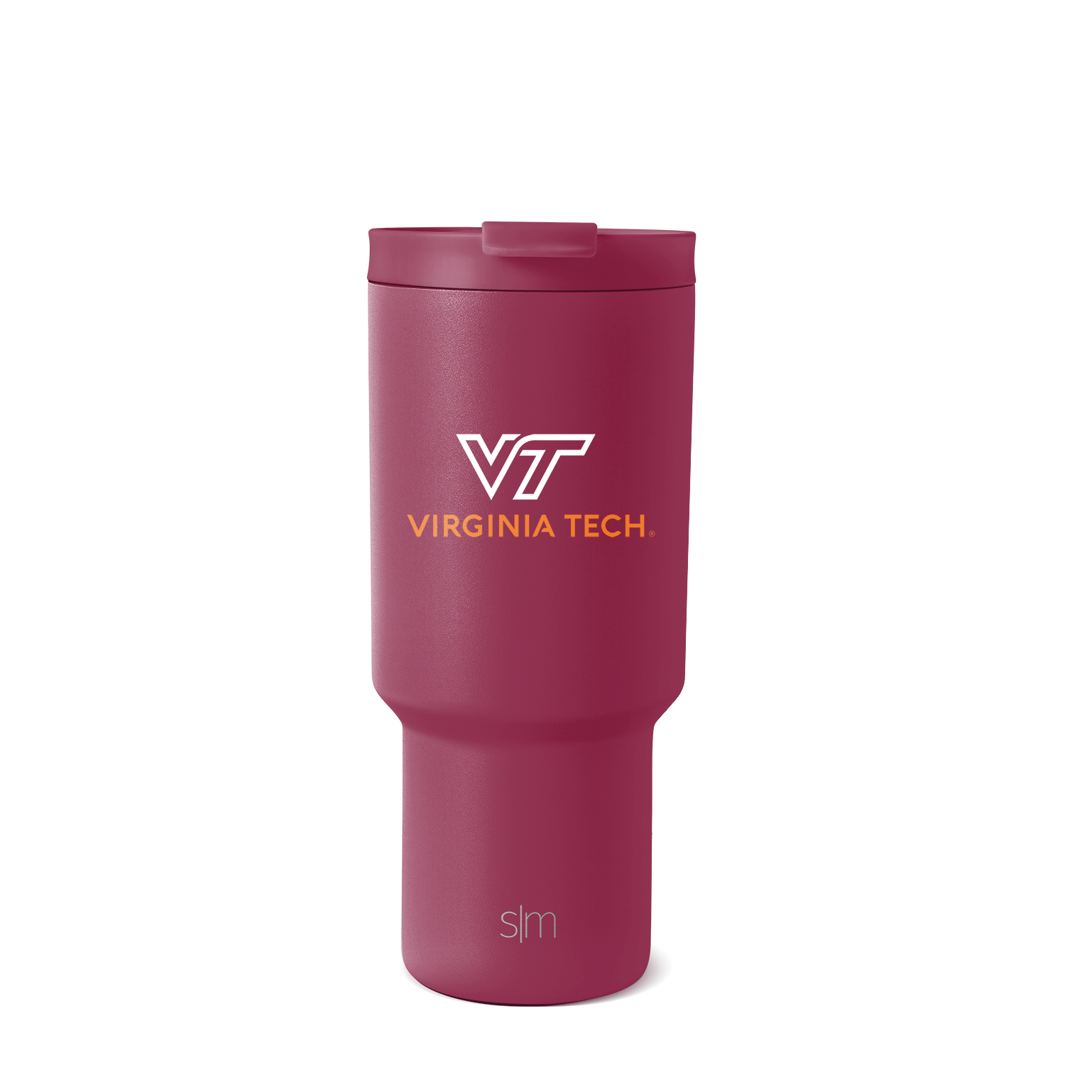 Burgundy wine-red insulated tumbler with darker burgundy cap and white and gold-orange accent details