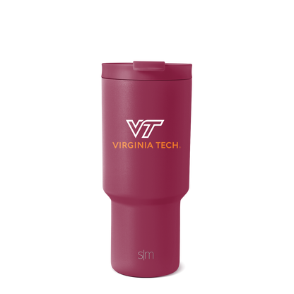 Burgundy wine-red insulated tumbler with darker burgundy cap and white and gold-orange accent details