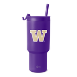 Purple tumbler with gold accent branding on logo and base