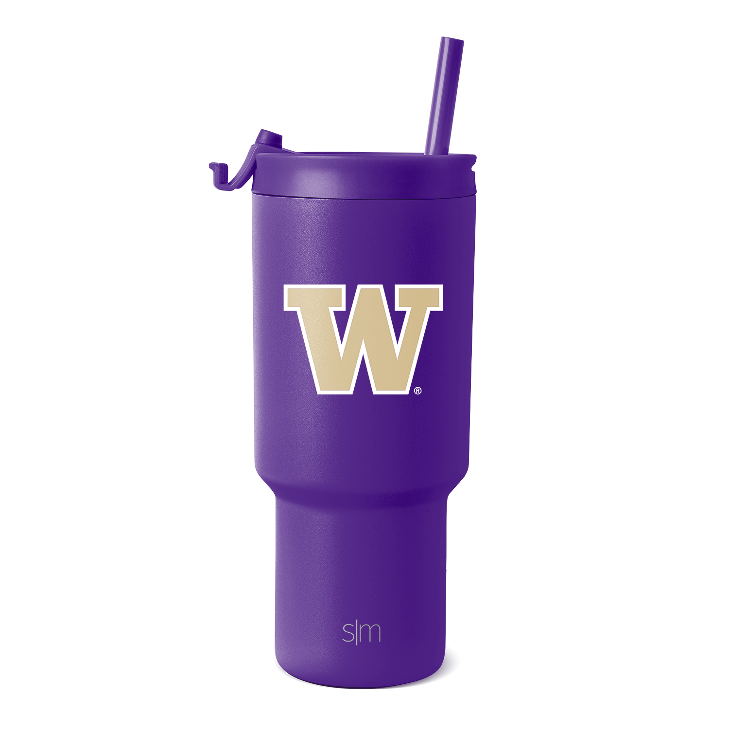 Purple tumbler with gold accent branding on logo and base