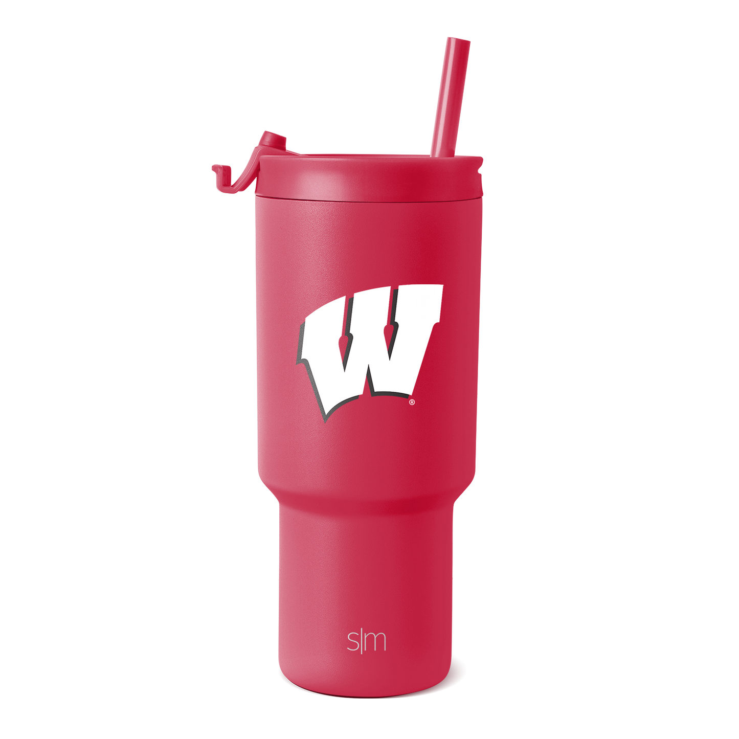 Hot pink tumbler with matching lid and straw, white accents, featuring a sleek cylindrical design ideal for beverages and hydration on-the-go.