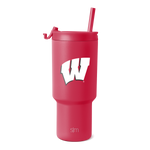 Hot pink tumbler with matching lid and straw, white accents, featuring a sleek cylindrical design ideal for beverages and hydration on-the-go.