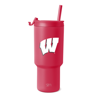 Hot pink tumbler with matching lid and straw, white accents, featuring a sleek cylindrical design ideal for beverages and hydration on-the-go.