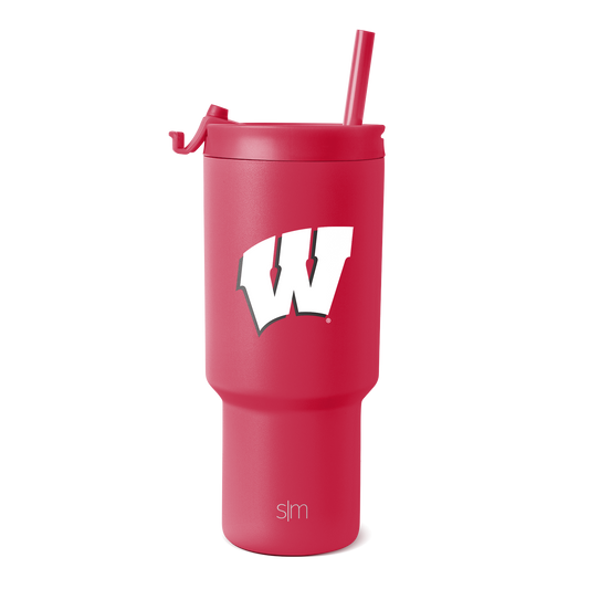 Hot pink tumbler with matching lid and straw, white accents, featuring a sleek cylindrical design ideal for beverages and hydration on-the-go.