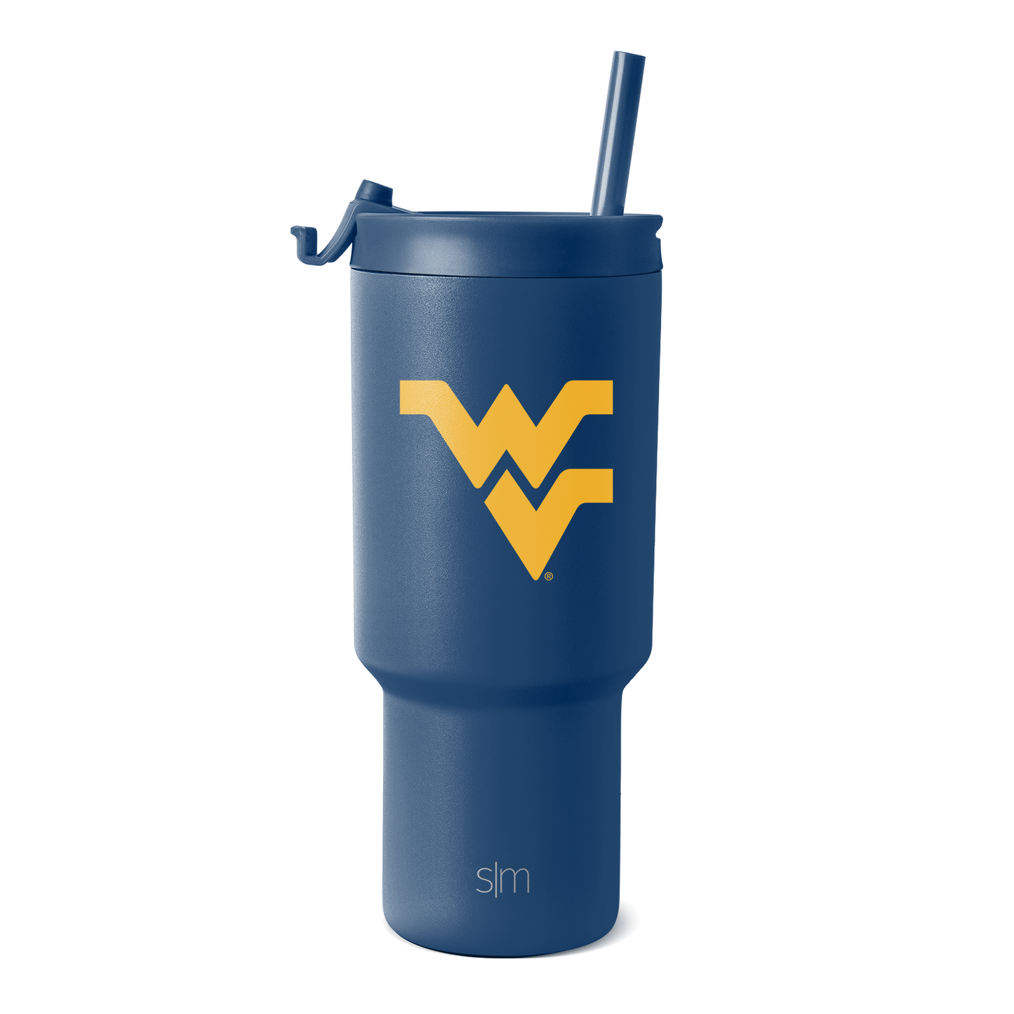 Navy blue insulated tumbler with tapered cylindrical body on white background