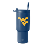 Navy blue insulated tumbler with tapered cylindrical body on white background