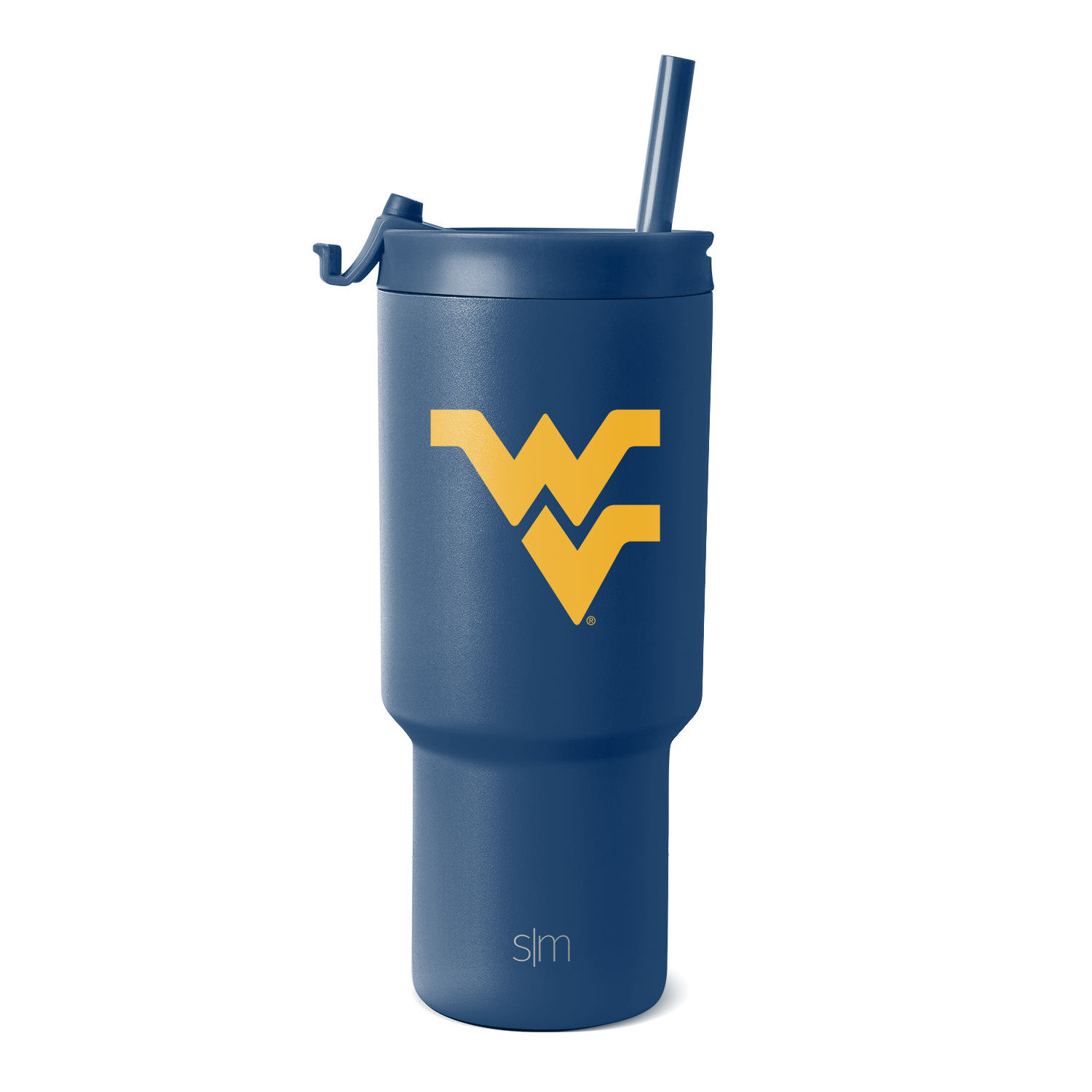 Navy blue insulated tumbler with tapered cylindrical body on white background