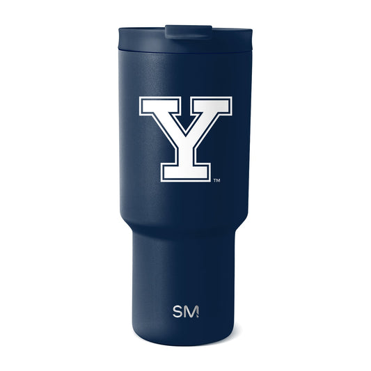 Navy blue tumbler with white graphic design and metallic finish