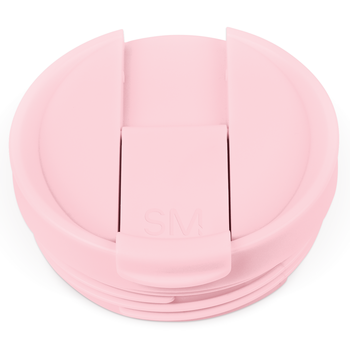Pale pink flip-top plastic lid with raised rectangular tab closure, photographed against white background
