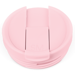 Pale pink flip-top plastic lid with raised rectangular tab closure, photographed against white background