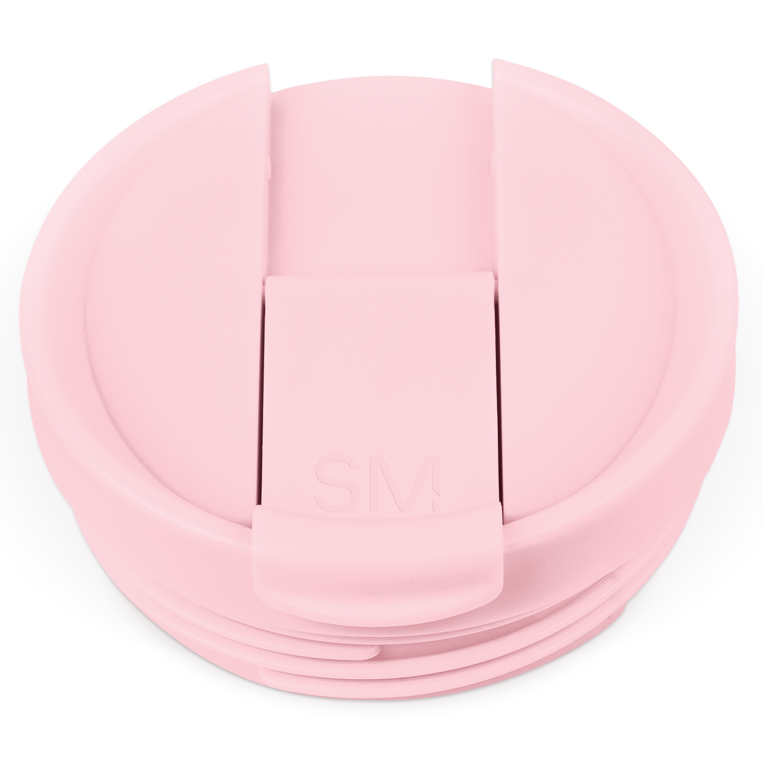 Pale pink flip-top plastic lid with raised rectangular tab closure, photographed against white background