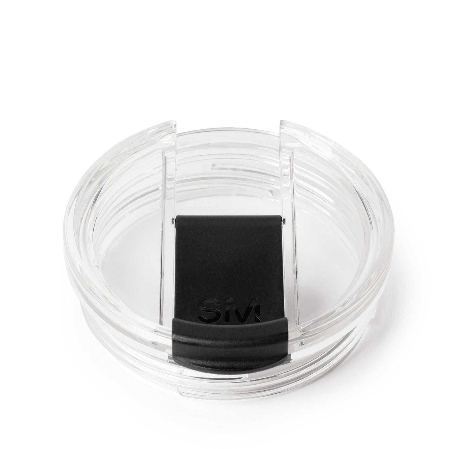 Clear plastic hinged food container with translucent gray sides, white base, and black lid insert