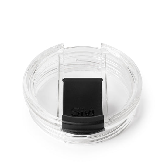 Clear plastic hinged food container with translucent gray sides, white base, and black lid insert