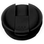 Black flip-top lid with mounting bracket for tracking device, shown from angled perspective