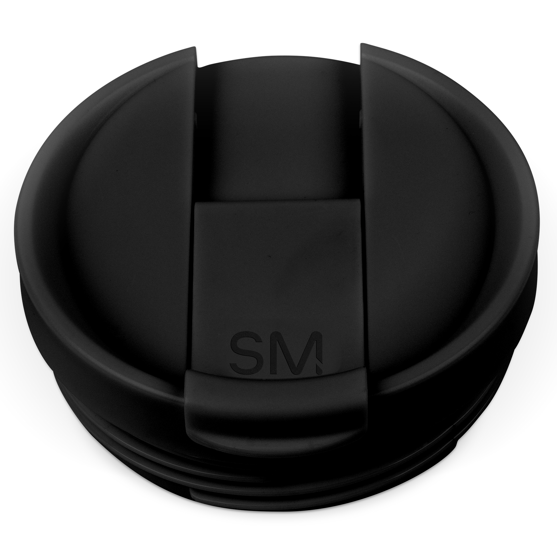 Black flip-top lid with mounting bracket for tracking device, shown from angled perspective