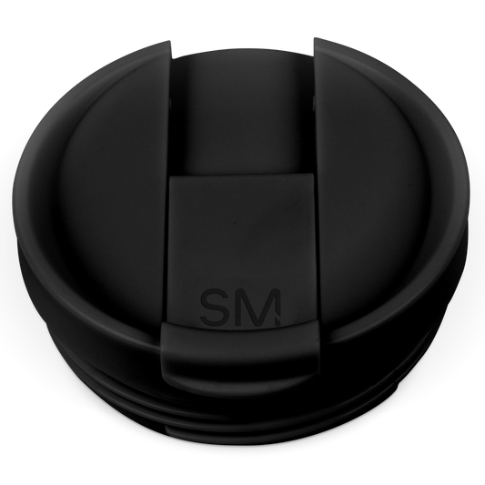 Black flip-top lid with mounting bracket for tracking device, shown from angled perspective