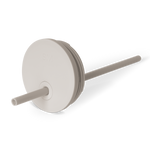 Beige and gray striped track lighting lid with circular disc accent detail in neutral taupe tones