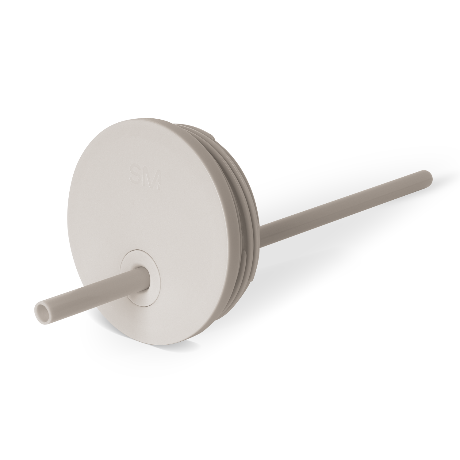 Beige and gray striped track lighting lid with circular disc accent detail in neutral taupe tones