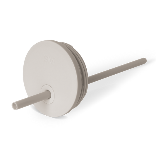 Beige and gray striped track lighting lid with circular disc accent detail in neutral taupe tones