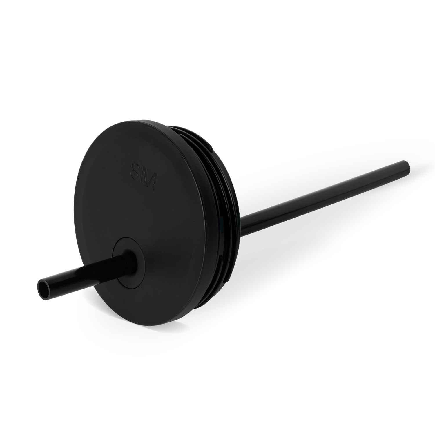 Matte black tracking lid with straight handle in medium size on white background