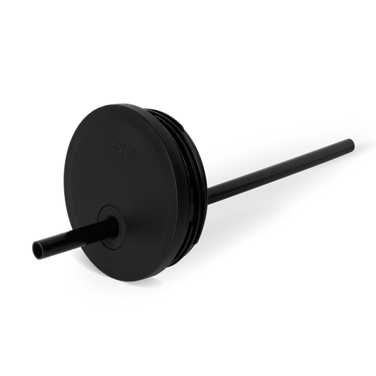 Matte black tracking lid with straight handle in medium size on white background