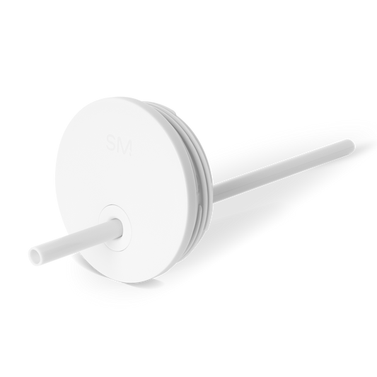 White storage lid with straight handles on light gray background