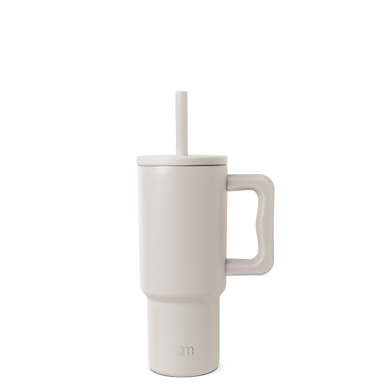 Cream-colored tumbler with handle and reusable straw, modern design with warm beige undertones