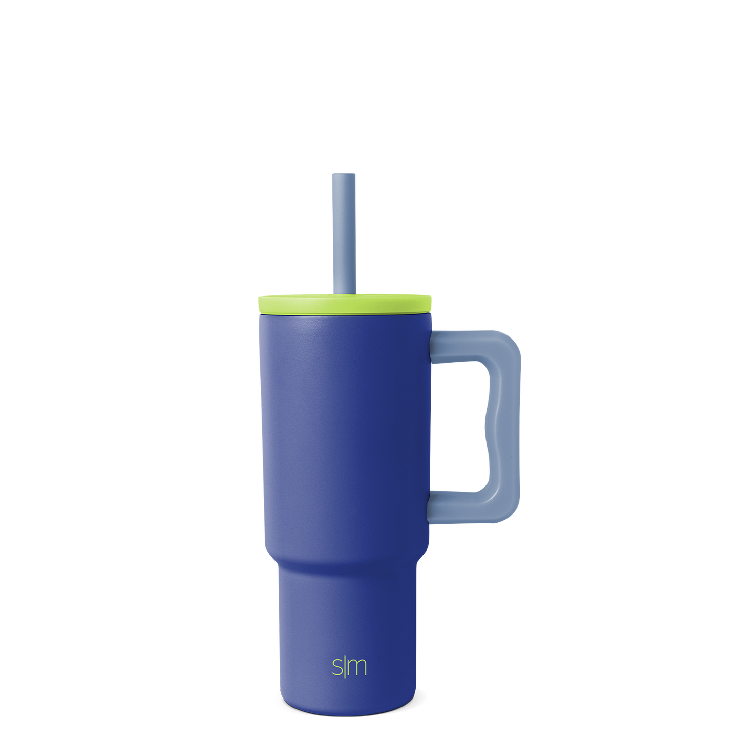 Navy blue tumbler with vibrant lime green lid, rim band, and handle for secure grip and easy carrying.