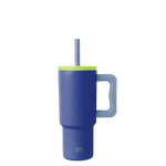 Navy blue tumbler with vibrant lime green lid, rim band, and handle for secure grip and easy carrying.