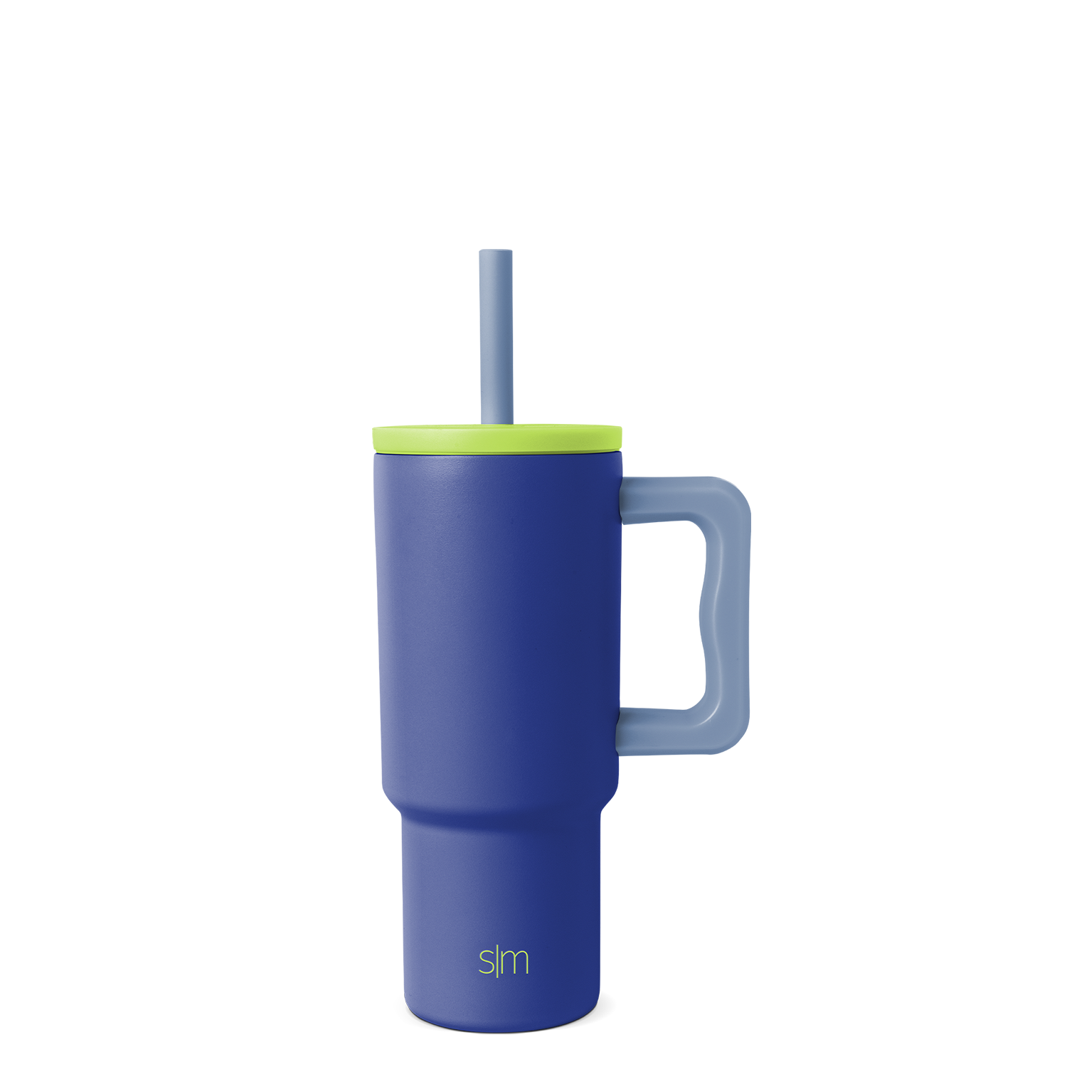 Navy blue tumbler with vibrant lime green lid, rim band, and handle for secure grip and easy carrying.