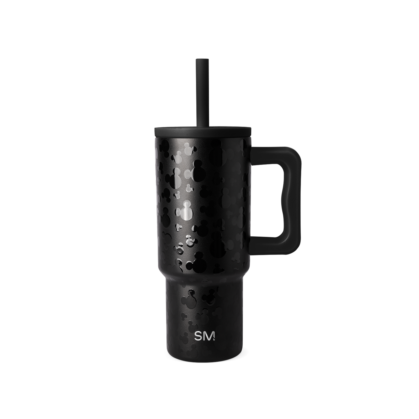 Black insulated tumbler with matte finish and white speckled texture pattern on white background