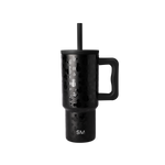 Black insulated tumbler with matte finish and white speckled texture pattern on white background