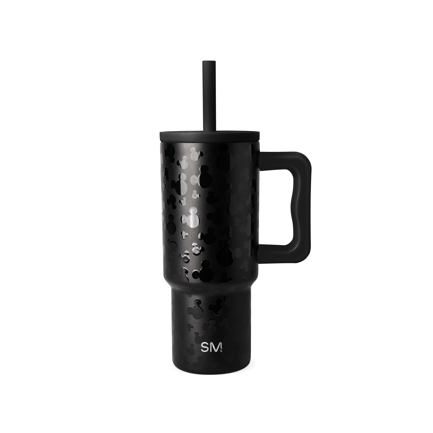 Black insulated tumbler with matte finish and white speckled texture pattern on white background