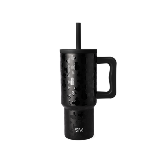 Black insulated tumbler with matte finish and white speckled texture pattern on white background