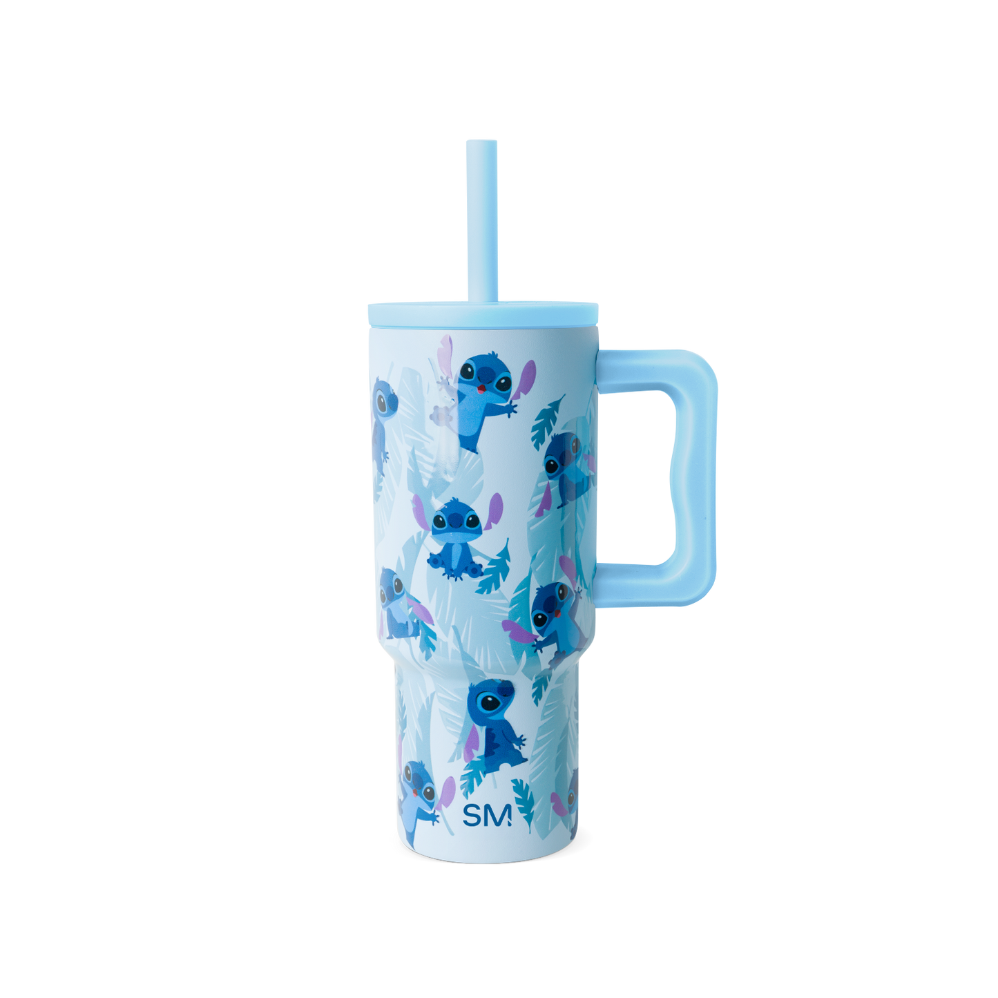 Light periwinkle blue tumbler with sky blue handle, straw, and lid accents, featuring deep cobalt blue characters