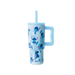 Light periwinkle blue tumbler with sky blue handle, straw, and lid accents, featuring deep cobalt blue characters