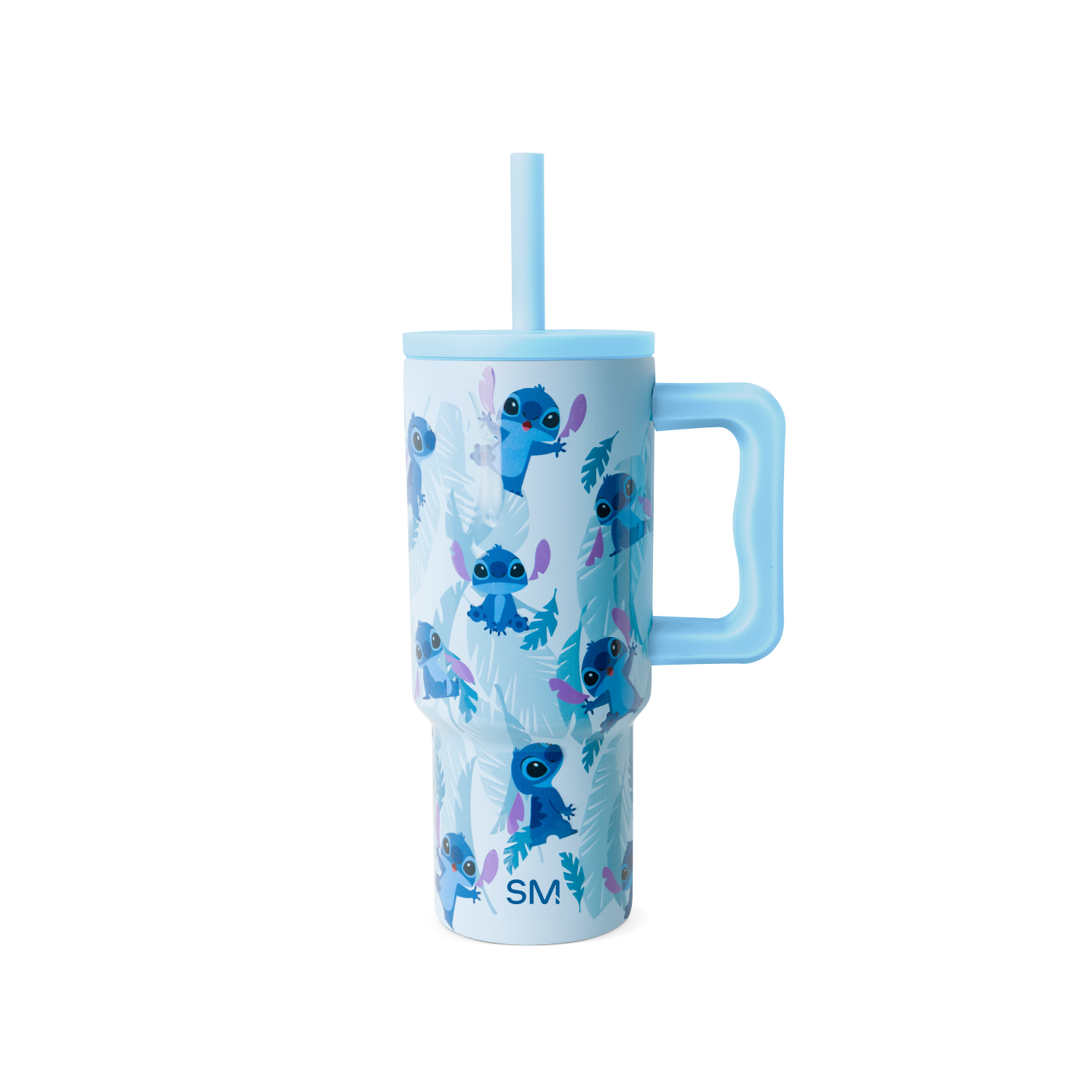 Light periwinkle blue tumbler with sky blue handle, straw, and lid accents, featuring deep cobalt blue characters