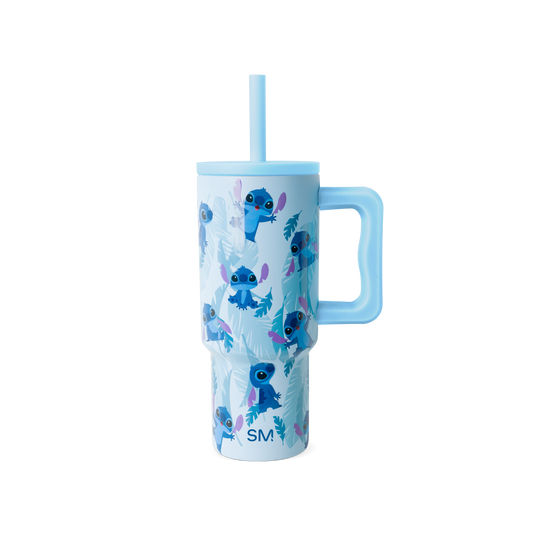 Light periwinkle blue tumbler with sky blue handle, straw, and lid accents, featuring deep cobalt blue characters